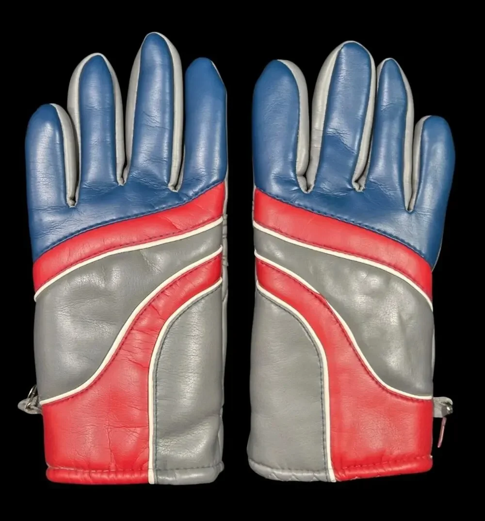 70s Vinyl Ski Gloves Acrylic Boa Lined Winter Womens Medium Vtg Gray Red Blue